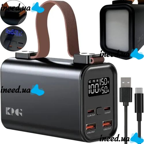 Portable Charger Power Bank KP KG-300 30000 mAh 100W with Flashlight, External Battery Powerbank 30000mAh USB Type-C with Handle Black