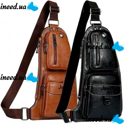 Чоловіча сумка рюкзак через плече Jeep Bags 777 38х18 см нагрудна сумка бананка на груди з отвором для навушників зі штучної шкіри Коричнева