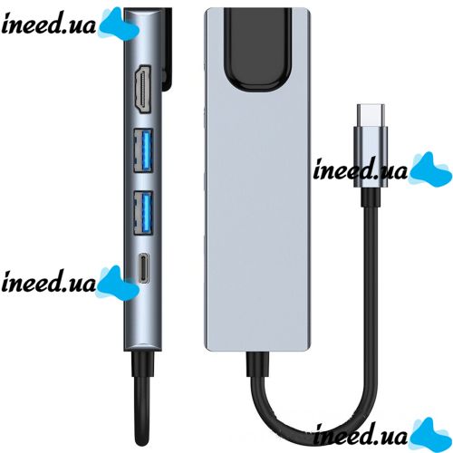 Мультифункціональний USB-хаб HOCO AC-500 Type-C на RJ45, HDMI, 2xUSB 3.0 адаптер, Ethernet LAN інтернет перехідник, конвертер XoKo HUB