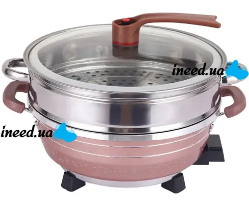 Электрическая двойная кастрюля скороварка Hoffmans HM-3031 8л 32см, 1500W, Электрокастрюля пароварка рисоварка HM3031 от сети Коричневая