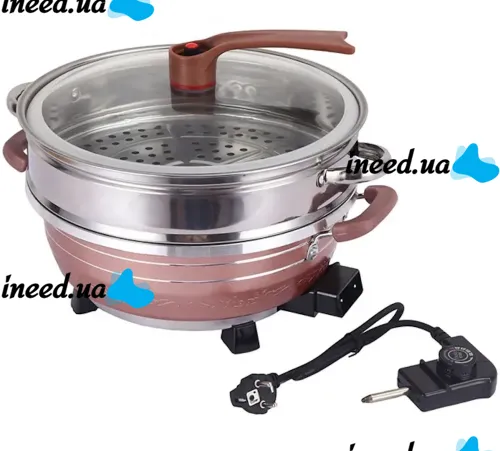 Электрическая двойная кастрюля скороварка Hoffmans HM-3031 8л 32см, 1500W, Электрокастрюля пароварка рисоварка HM3031 от сети Коричневая