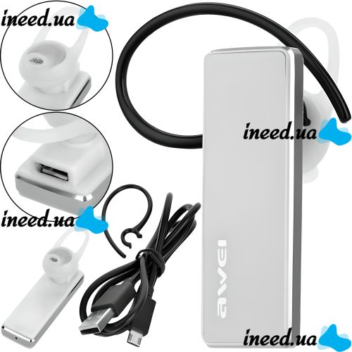 Бездротова Bluetooth гарнітура на вухо для смартфона Awei A850bl White, Блютуз моногарнітура Авей для телефону з наушным кріпленням Біла