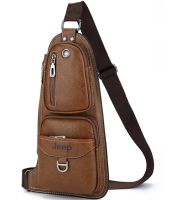 Чоловіча сумка рюкзак через плече Jeep Bags 777 38х18 см нагрудна сумка бананка на груди з отвором для навушників зі штучної шкіри Коричнева