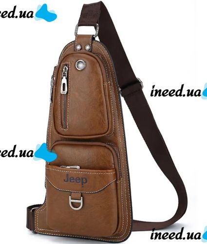 Чоловіча сумка рюкзак через плече Jeep Bags 777 38х18 см нагрудна сумка бананка на груди з отвором для навушників зі штучної шкіри Коричнева
