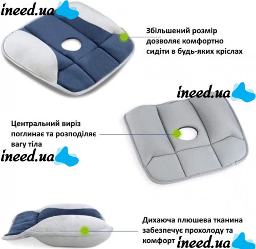Ортопедична подушка Pure Posture HSM-50402 для розвантаження спини хребта, антиалергенна подушка для сидіння на стілець, крісло в машину синя 