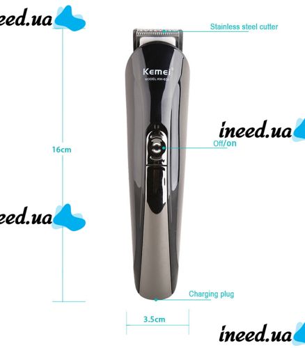 Rechargeable electric shaver, clipper, Kemei KM-600 trimmer for cutting hair, beard, nose and ears, 11 in 1 body kit with attachments, razor trimmer