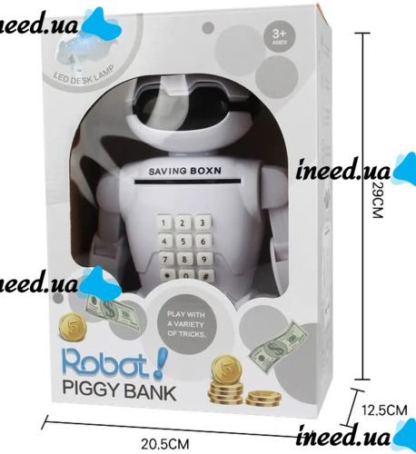 Дитяча електронна скарбничка світильник Robot Piggy Bank 6688-8 з кодовим замком і купюроприймачем, Дитячий сейф Робот з лампою на батарейках Білий