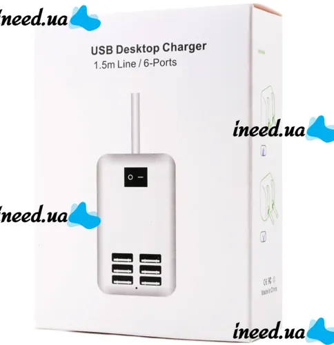 Мережевий зарядний пристрій USB Desktop Charger 20W на 6 портів з вимикачем, Зарядка адаптер для зарядки телефонів на 6 роз'ємів від мережі Білий