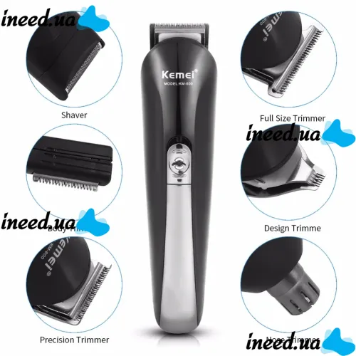 Rechargeable electric shaver, clipper, Kemei KM-600 trimmer for cutting hair, beard, nose and ears, 11 in 1 body kit with attachments, razor trimmer