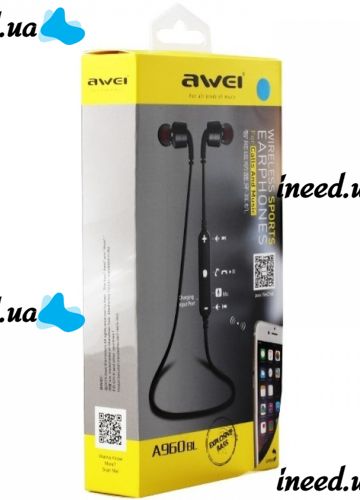 Бездротові Bluetooth 4.0 навушники для телефону з мікрофоном Awei A960bl, Вакуумні блютуз Вкладиші гарнітура для Андроїд і IOS для бігу чорні