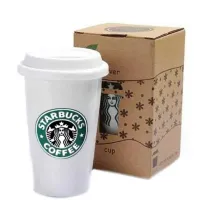 Керамічний стакан чашка StarBucks Ceramic Cup HY-101, багаторазова термочашка Старбакс 300 мл з силіконовою кришкою з поїлкою Біла