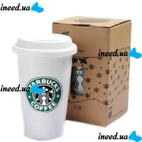 Керамічний стакан чашка StarBucks Ceramic Cup HY-101, багаторазова термочашка Старбакс 300 мл з силіконовою кришкою з поїлкою Біла