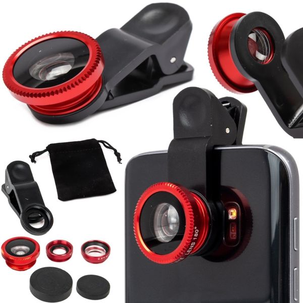 Линза с прищепкой для съемки Fish Eye Lens Y-12 3 в 1 набор объективов для фото и видео на телефон, панорамный рыбий глаз макросъемка Y12 Красный