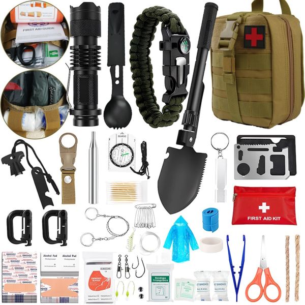 Travel Survival Kit 60 in 1 Universal Tool Kit Pouch, Multitool, First Aid Kit for Tourists and military