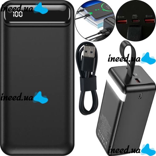 Зовнішній акумулятор Borofone Power Bank BJ14D 50000mah Black на 2 USB 22.5 W і USB-C 20W, УМБ Повербанк батарея з ремінцем для зарядки телефону Чорний