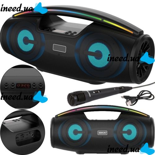Бездротова Bluetooth колонка динамік BKK B100 з LED підсвічуванням 20W з мікрофоном, акумуляторна блютуз акустика караоке USB SD FM AUX Чорна