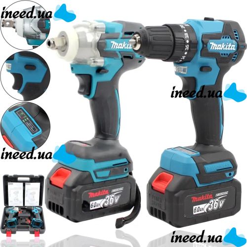 Акумуляторний набір Makita 2в1 Гайковерт DWT301 шурупокрут DWT485 36V 6Ah 2 акумулятори, Набір бездротових електроінструментів Макіта в кейсі