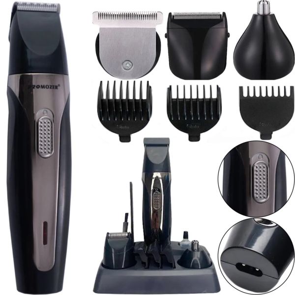 ProMozer MZ-2028 6 attachments for cutting beard, nose and ear hair, Mozer MZ2028 cordless trimmer with attachments and stand