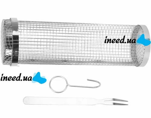 Cylindrical non-stick grill grid basket IRIS KT-183 for vegetables meat fish without handle, stainless steel barbecue grate with rotation