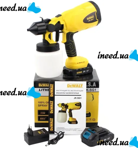 Аккумуляторный краскораспылитель краски DeWalt JK-SG1 с регулировкой ширины покраски Беспроводной краскопульт пульверизатор Деволт с 2 аккумуляторами