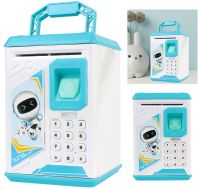 Children's electronic piggy bank safe Robot Bodyguard Blue, bill acceptor, Safe-piggy bank with combination lock for paper bills, coins with fingerprint