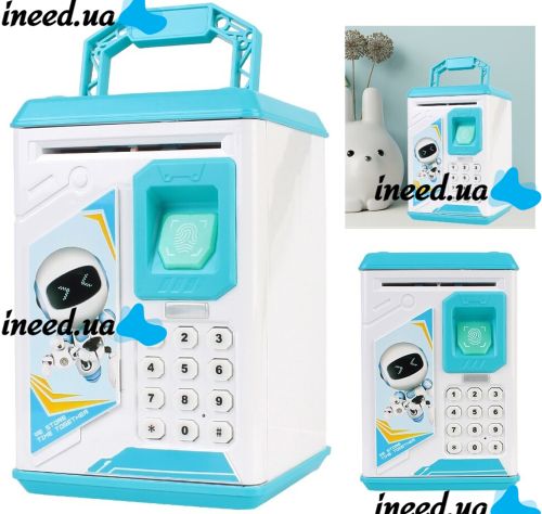 Children's electronic piggy bank safe Robot Bodyguard Blue, bill acceptor, Safe-piggy bank with combination lock for paper bills, coins with fingerprint