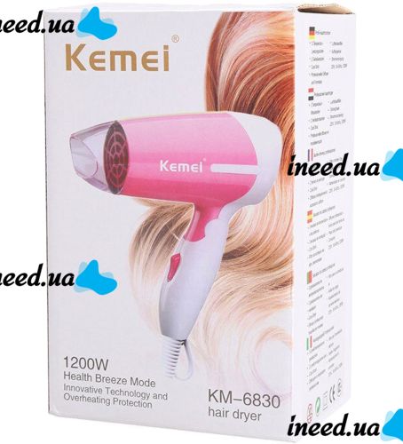 Складаний дорожній фен Kemei KM - 6830 для укладання і сушіння волосся зі збірною ручкою 1300W, електричний фен 2 швидкості і концентратором від мережі Рожевий
