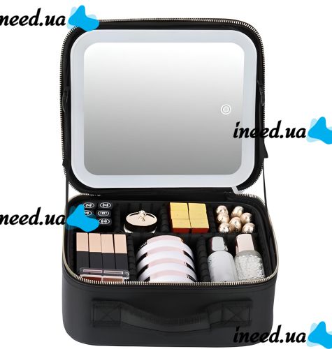 Niceland MAG-589 Cosmetics Storage Organizer with LED Mirror and Carrying Handle, Travel Cosmetic Bag, Illuminated Beauty Case Black