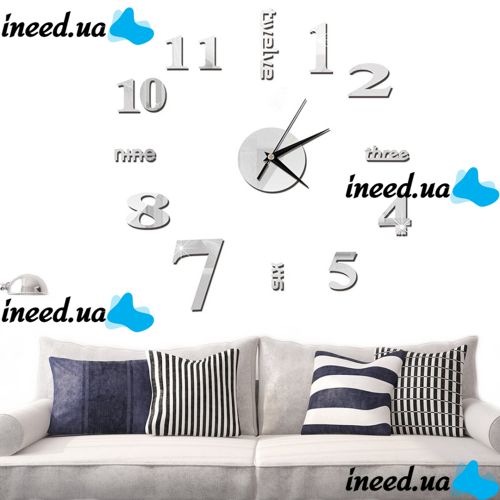 Великі 3D безшумні настінні годинники Diy Clock ZH01510 Grey 90 см, Безкаракасні самоклеючі 3Д годинник цифри на стіну для дому, офісу сірі