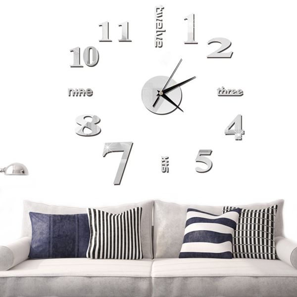 Большие 3D бесшумные настенные часы Diy Clock ZH01510 Grey 90 см, Бескаракасные самоклеющиеся 3Д часы Цифры на стену для дома, офиса Серые
