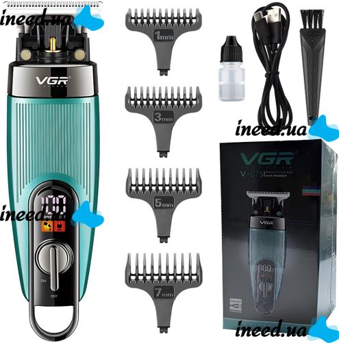 Акумуляторна машинка для стрижки волосся VGR V-975 5W бездротовий чоловічий тример для окантовки бороди і вусів зі змінними насадками і дисплеєм USB