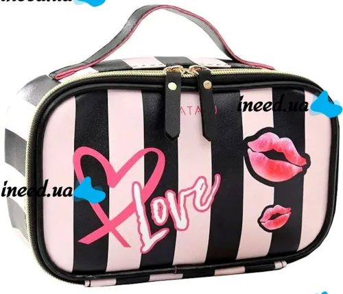 Дорожня косметичка органайзер Tatadu Love 21x13x8 см для зберігання косметики, Сумка Make up bag з відсіками для пензлів на блискавці з ручкою Чорна