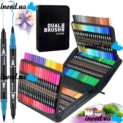 Набір акварельних маркерів-лінерів для малювання Dual Brush 120 шт комплект двосторонніх скетч маркерів кистей на водній основі в пеналі 120 кольорів