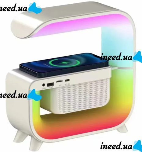 Настільна смарт лампа нічник RGB XM-G3 акумуляторний з бездротовою зарядкою 15W і Bluetooth колонкою, Блютуз колонка G3 з підсвічуванням Біла