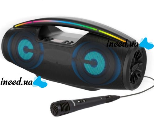Бездротова Bluetooth колонка динамік BKK B100 з LED підсвічуванням 20W з мікрофоном, акумуляторна блютуз акустика караоке USB SD FM AUX Чорна