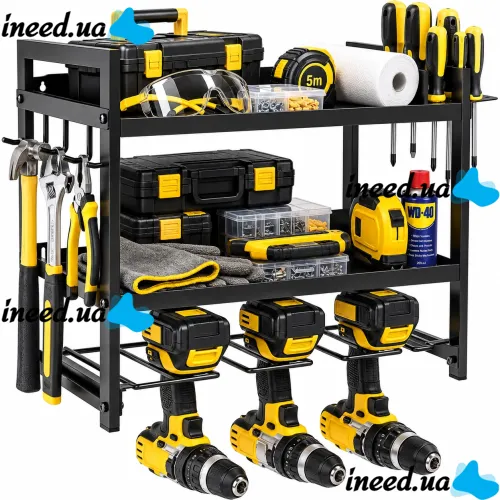 Carro MZY-856 3-Tier Wall-Mounted Tool Organizer, Metal Hanging Shelf for Storing Power Tools and Accessories in the Garage