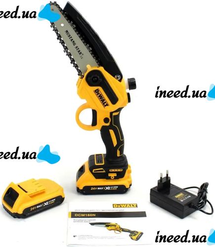 Аккумуляторная цепная мини пила DeWalt DCM160N 24V 4AH шина 20 см на 2 аккумулятора, электропила 8 дюймов с автоматической смазкой цепи в кейсе