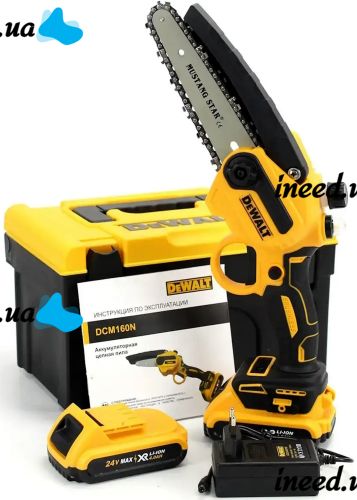 Аккумуляторная цепная мини пила DeWalt DCM160N 24V 4AH шина 20 см на 2 аккумулятора, электропила 8 дюймов с автоматической смазкой цепи в кейсе