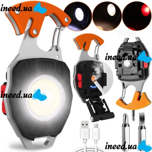 Світлодіодний ліхтарик брелок для ключів з підпалом Keychain Light W5147 ручний мультитул, міні світильник з прикурювачем, викруткою і карабіном USB