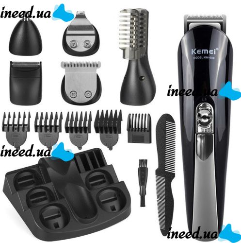 Rechargeable electric shaver, clipper, Kemei KM-600 trimmer for cutting hair, beard, nose and ears, 11 in 1 body kit with attachments, razor trimmer