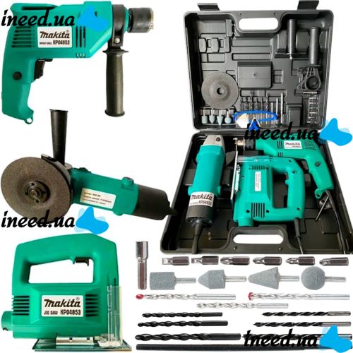 Шуруповерт Makita 3 в 1 универсальный набор электроинструментов дрель HP1630, лобзик 9558HN, болгарка 4329 с набором инструментов в кейсе  