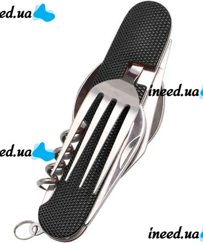 Travel Set of Folding Cutlery 6in1 Explorer MNG-10 Multitool Swiss Fork Spoon Knives Opener Corkscrew for Camping Stainless Steel