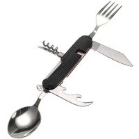 Travel Set of Folding Cutlery 6in1 Explorer MNG-10 Multitool Swiss Fork Spoon Knives Opener Corkscrew for Camping Stainless Steel