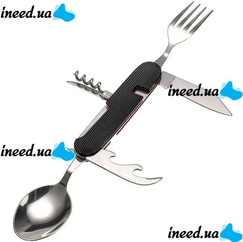 Travel Set of Folding Cutlery 6in1 Explorer MNG-10 Multitool Swiss Fork Spoon Knives Opener Corkscrew for Camping Stainless Steel