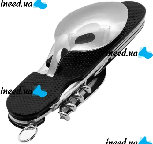Travel Set of Folding Cutlery 6in1 Explorer MNG-10 Multitool Swiss Fork Spoon Knives Opener Corkscrew for Camping Stainless Steel