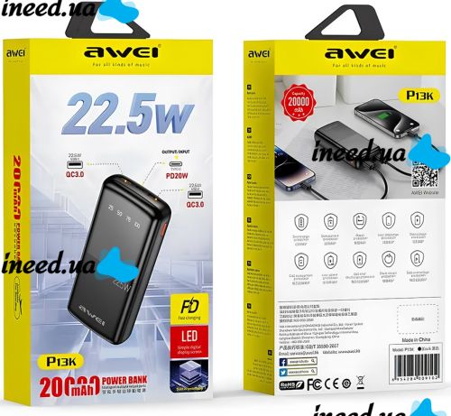 Awei P13K 20000mah 22.5W 2 USB TYPE-C Power Bank Portable Charger with Fast Charging and Indicator, external battery pobank