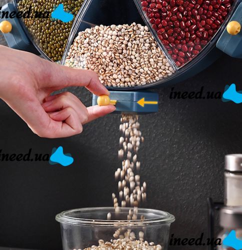 Настінний диспенсер карусель Rotatable Multi-Grain Cans для зберігання круп 6 відділень 360, що обертається органайзер сипучих продуктів з дозатором