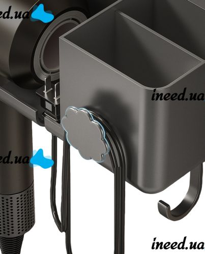 Настенный держатель полка Storage Shelf QJ-996 для фена и штекера с отсеком для хранения ванных принадлежностей, Органайзер в ванную на липучке