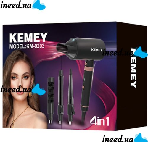 Багатофункціональний фен Kemei KM-9203 4 насадки для укладання випрямлення і завивки волосся мультистайлер з концентратором випрямлячем і плойкою