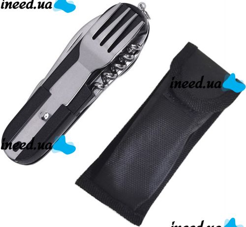 Travel Set of Folding Cutlery 6in1 Explorer MNG-10 Multitool Swiss Fork Spoon Knives Opener Corkscrew for Camping Stainless Steel